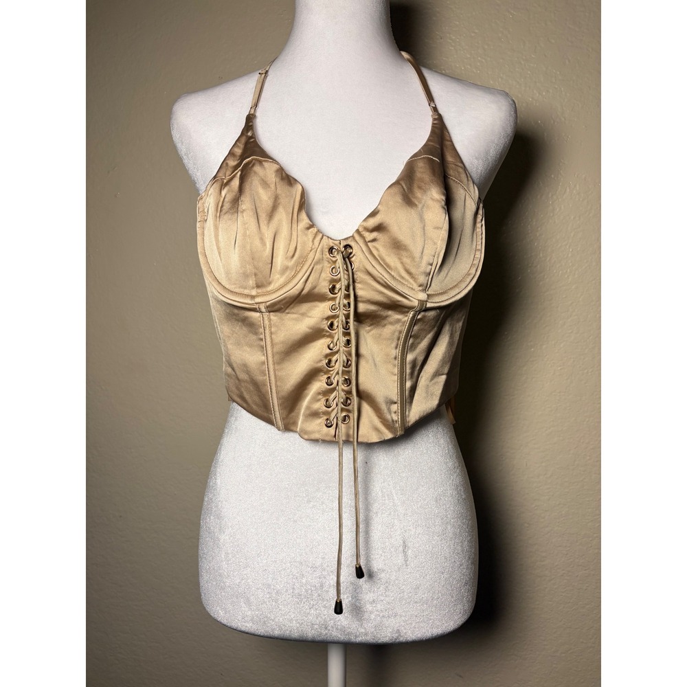 Y2K 36point5 Champagne Satin Lace Up Corset Halter Top Gold Size L